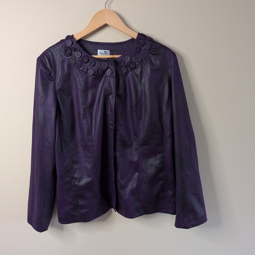 Chico's Purple Textured Faux Leather Jacket‎ Blazer Size 3 (XL)
